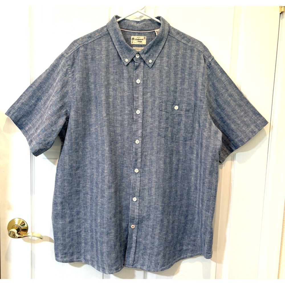 Mens Weatherproof Vintage Short Sleeve Linen Button Shirt‎ Blue Stripe 2XL - EUC